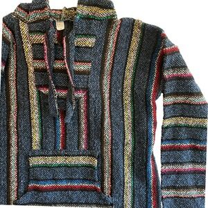 Striped Baja Hoodie‎ Pullover Blue Multi Colors Mexican Jerga Surf Poncho, L
